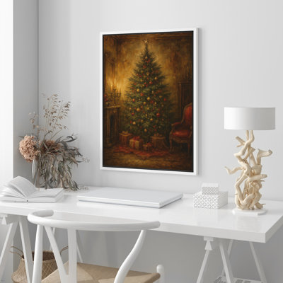 «Vintage Christmas Tree in Cozy Classic Room Holiday Decor», reproduction d'art sur toile encadrée dans la chambre principale