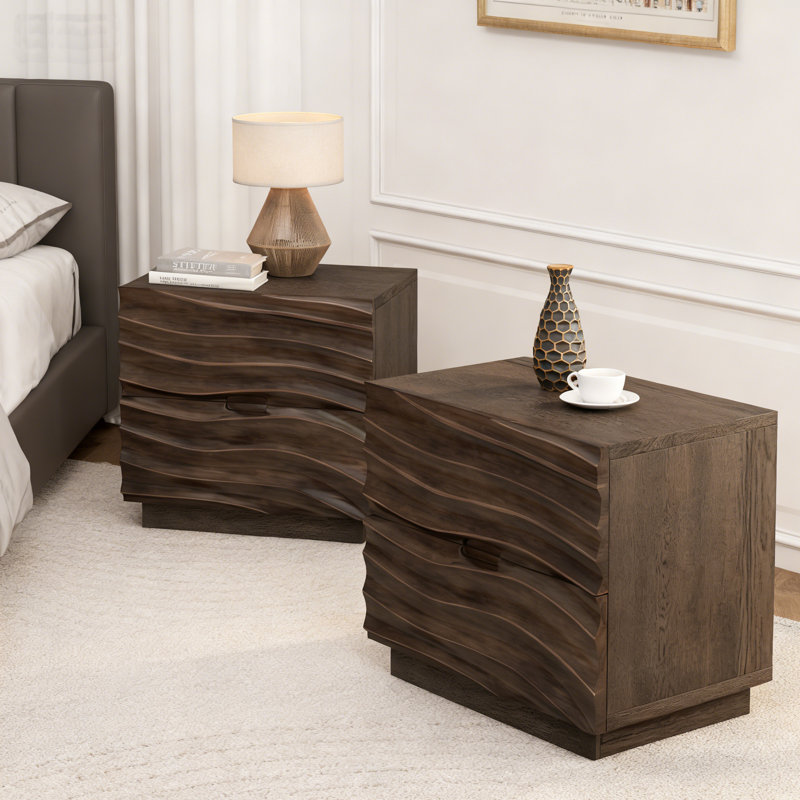 Solid Wood Nightstand With 2 Drawers, Handle-Free Bedside Table Set Of 2, Set of 2, Brown