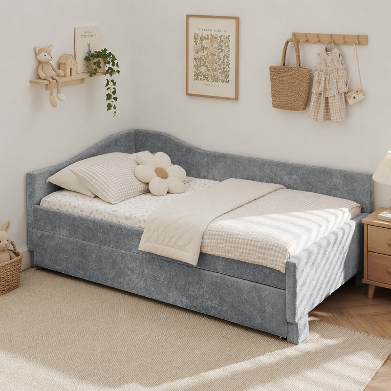 Lit de jour en chenille avec couchette coulissante et port USB, Twin, Grey