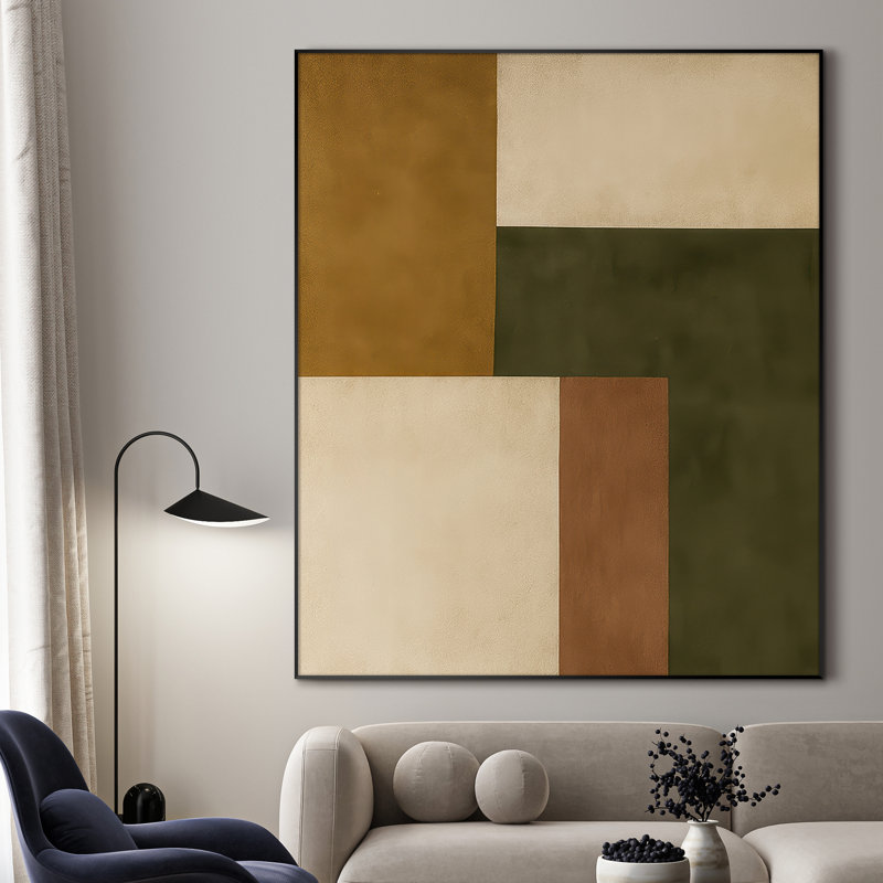 Très grand, reproduction d'art sur tissu - Art abstrait géométrique, motif géométrique aux tons terreux, œuvre d'art contemporaine pour le salon ou la chambre à coucher - «Assemblage requis du cadre (cadre non fini)»