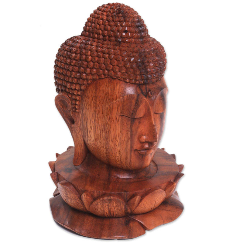 Buste en bois de Bouddha Firouz et lotus