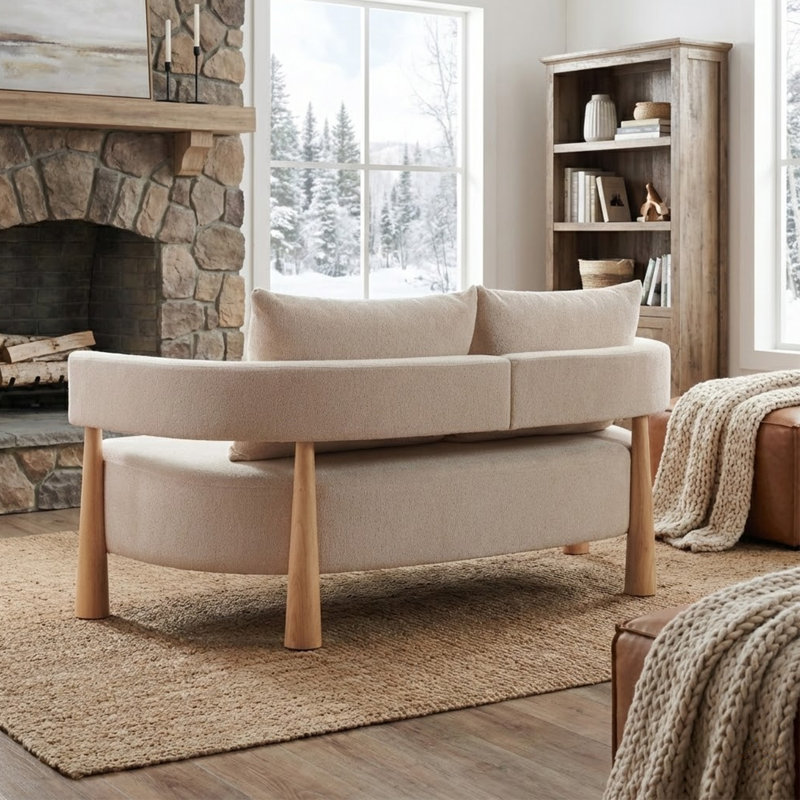 67" Chenille Upholstered Loveseat Sofa with Curved Arm & 2 Pillows, Pebble, Pebble