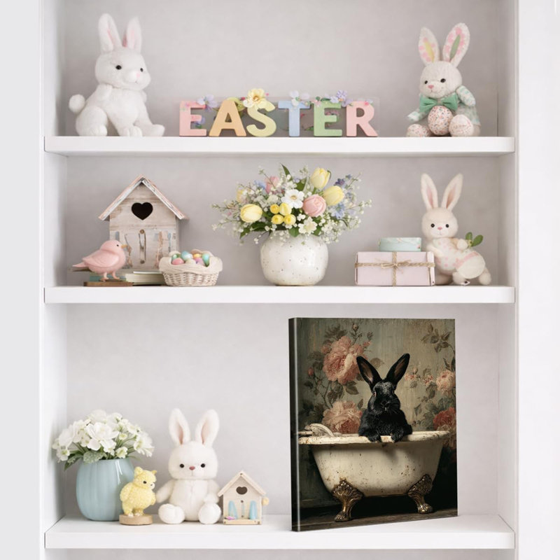 Lapin rétro, reproduction d'art de lapin noir dans la baignoire, peinture sur toile, image amusante de Pâques, décoration murale pour la salle de bain, encadré de 8 po x 10 po