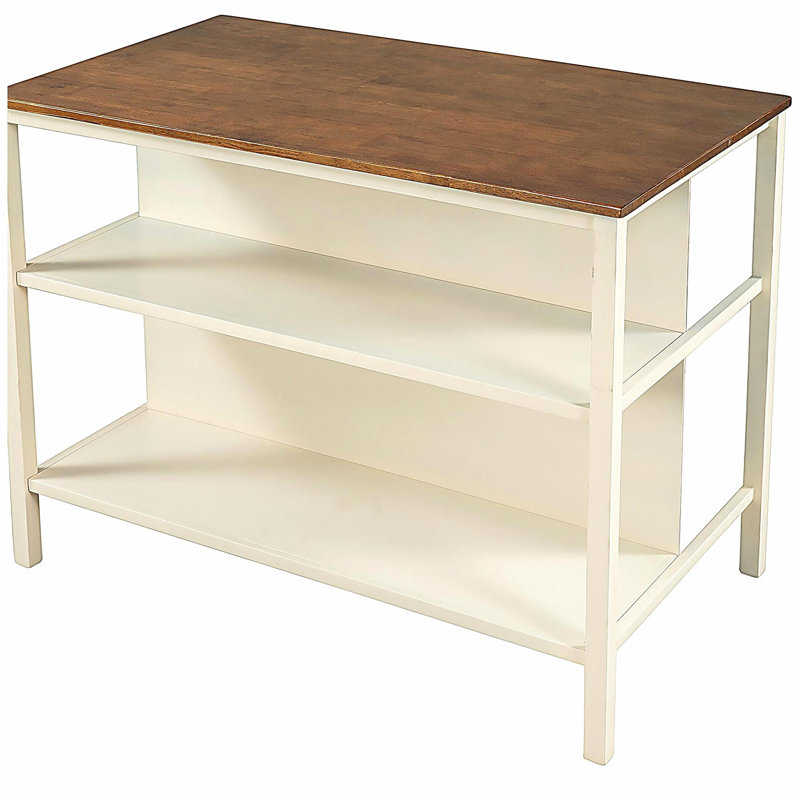 Îlot de cuisine fixe en bois massif de 45 pouces de style champêtre, îlot de salle à manger en bois d'hévéa, avec 2 tablettes ouvertes, noyer et blanc crème