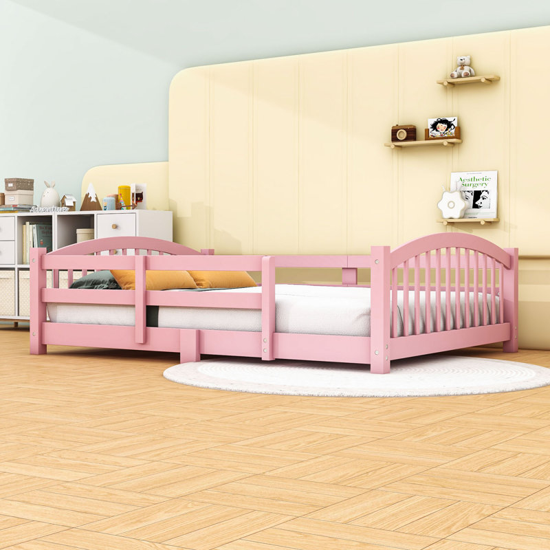 Wood Floor Bed with Safety Guardrails, Full, Pink