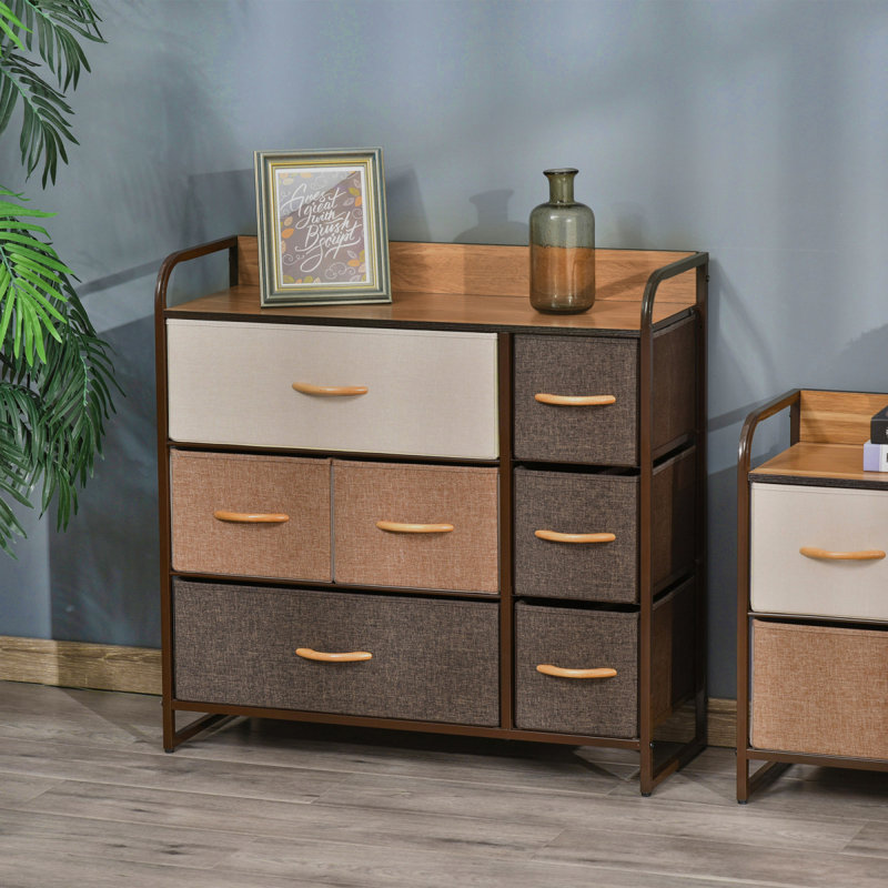 Commode 7 tiroirs, tiroirs en tissu, rangement à 3 niveaux pour le vestibule de la chambre à coucher, unité de tour avec plateau en bois et érable