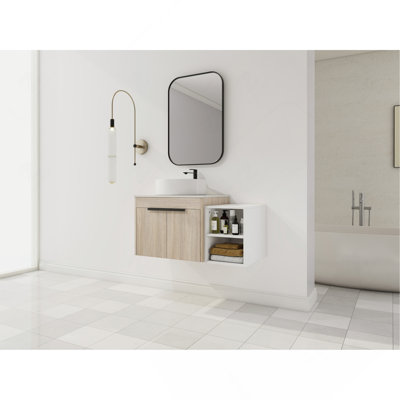 Meuble-lavabo flottant moderne 36 po avec lavabo vasque en céramique, plateau en pierre artificielle et tablettes de rangement KD