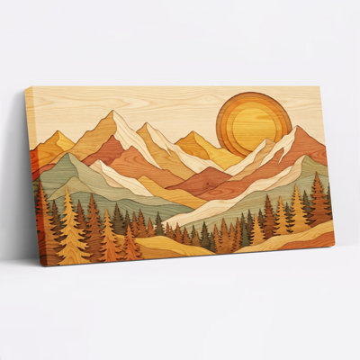 Tableau sur toile tendue représentant un paysage de montagne avec soleil et pins (lot de 1)