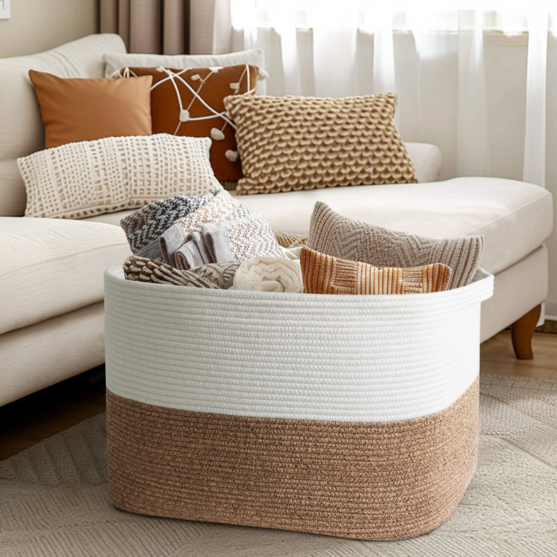 Très grand panier de rangement pour vêtements, panier à linge en corde de coton 62L avec poignées - bac de rangement pliable pour couvertures, oreillers et jouets