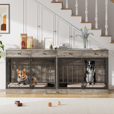 Meuble de 79 po pour caisse double 79 po, grand chenil d'intérieur avec 4 tiroirs de rangement et stations d'alimentation, meuble télé élégant pour 2 petits / moyens chiens, gris