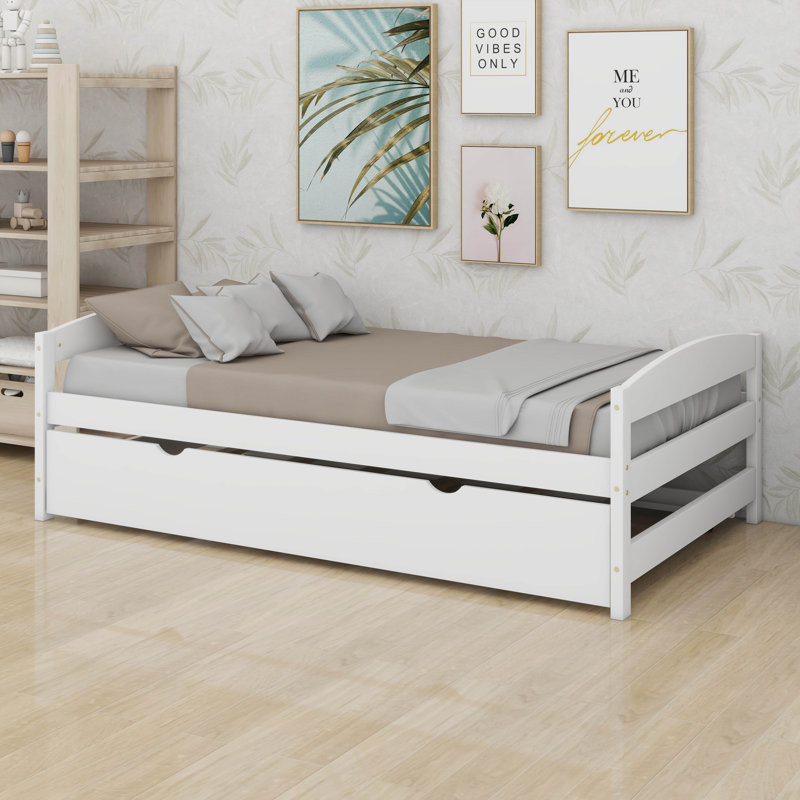 Base de lit plateforme simple en bois de pin avec lit gigogne simple, Blanc