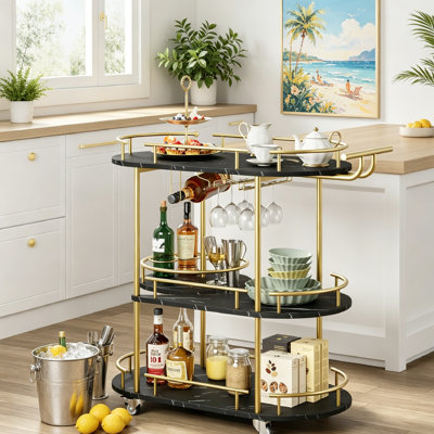 3-Tier Utility Rolling Cart with Wheels and Handle, Metal Storage Cart Trolley Kitchen Organizer Rolling Desk with Wine Rack and Glass Holders Locking Wheels for Coffee Station Dining Living Room.