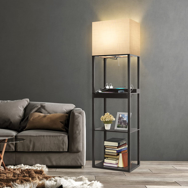 Floor Lamp With Shelves, Modern Standing Lamp With Wireless Charger, 1 Drawer And 2 Usb Ports & 2 Power Outlet, Black