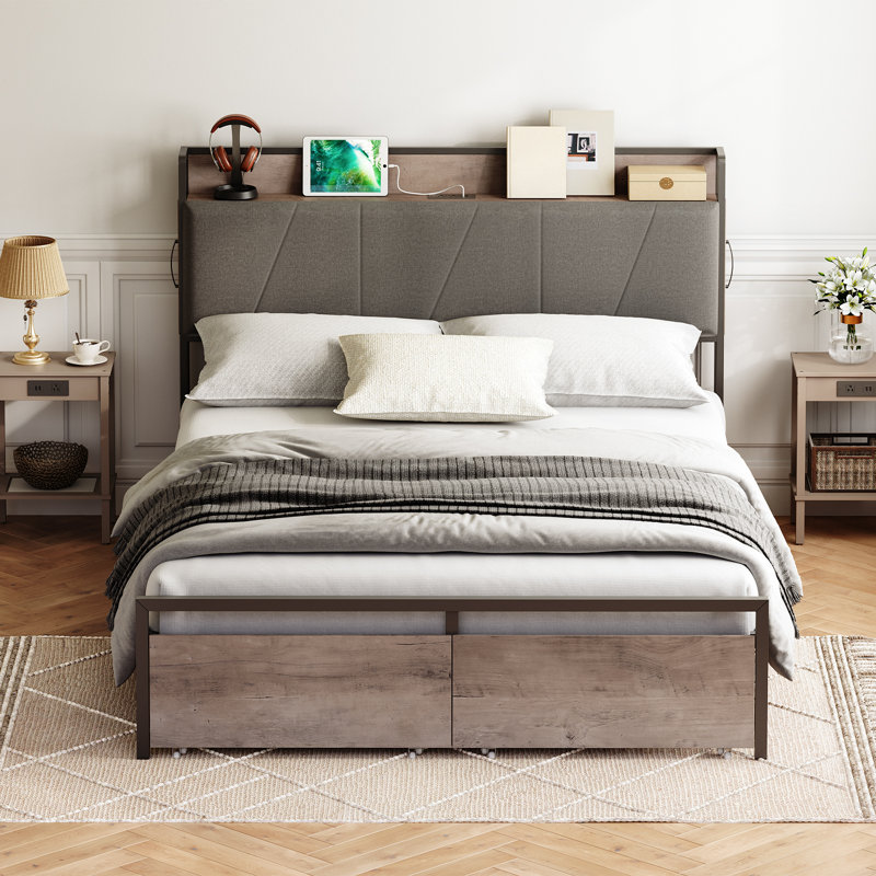Antonetta 42.5"H Bed Frame with Drawers and Power Outlets, Queen