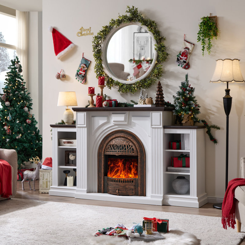 76" Electric Fireplace with Mantel,Bronze Heater,Electric Fireplace TV Stand Entertainment Center with Storage, White/Brown