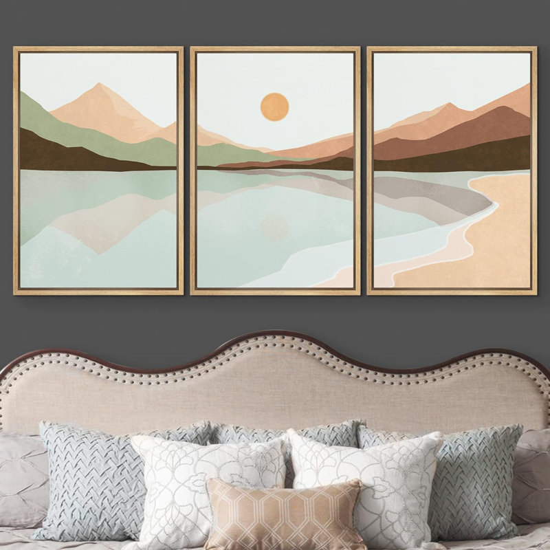 Sun Mountain Landscape " Pastel Beach Shore Mountain Range " 3 - Pieces, 24" H x 48" W x 1.5" D