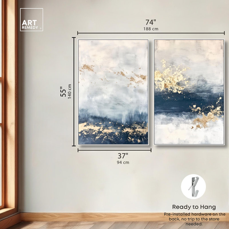 «Gilded Coastal Calm Blue Art», ensemble de 2 impressions sur toile par , H 55 po x l 37 po, Blanc