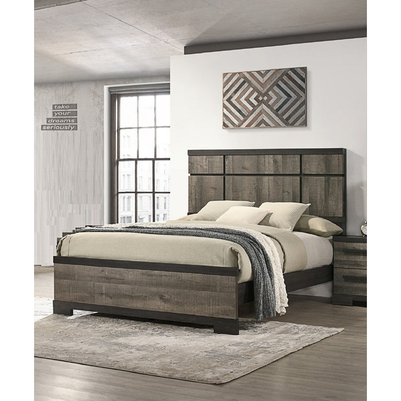 Grand lit à panneau contemporain 1pc avec tête de lit à panneau, Ébène / Gris