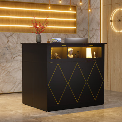 L-shaped Reception Desk With Lighted Glass Display & File Cabinet - Modern Reception Counter For Offices, Salons, Retail Lobbies
