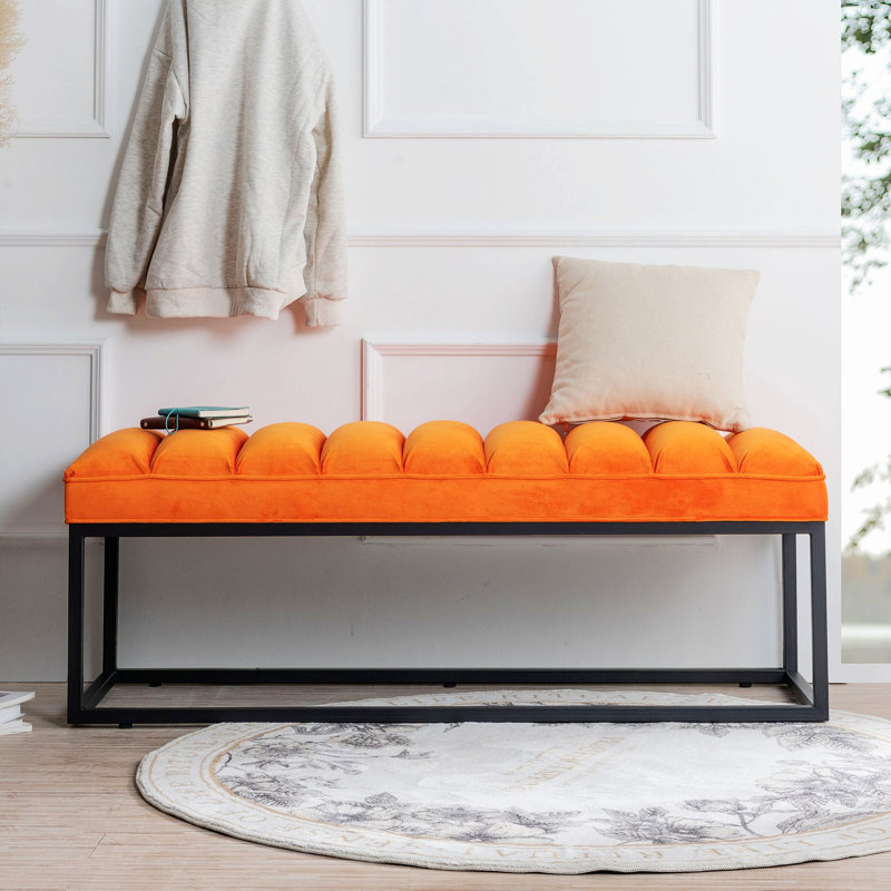 Banc en similicuir Lubbert, Orange, Bois massif