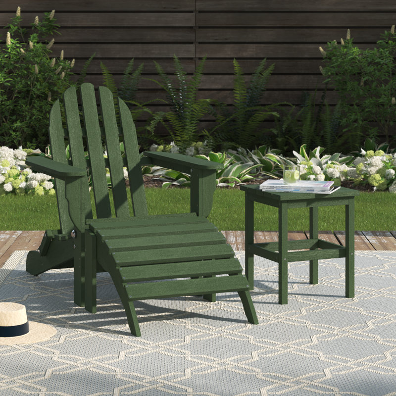 Chaise Adirondack pliante en plastique / résine avec table et repose-pieds Leighton, Blanc / acajou antique