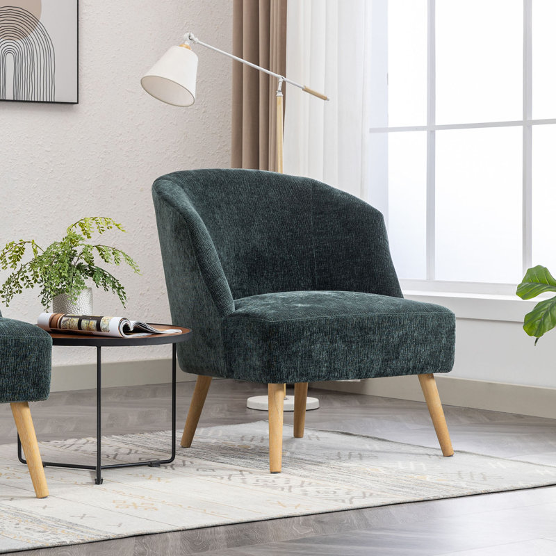 Artavion Corduroy Accent Barrel Chair with Rubberwood Legs, Dark Green Cyan