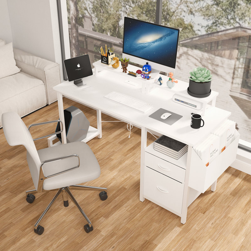 Bureau de 47,3 po avec prise de courant, 2 supports pour écran, 2 tiroirs, pochettes latérales, facile à assembler, stabilité de la structure réversible, utilisation comme bureau à domicile, bureau d'ordinateur, table de jeu