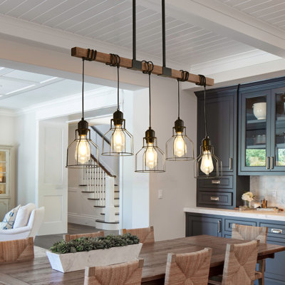5-light Kitchen Island Lighting, 37" Adjustable Height Pendant Light Fixtures Black Metal & Rustic Wood Modern Dining Room Chandelier Over Table With E26 Base For Farmhouse Bar
