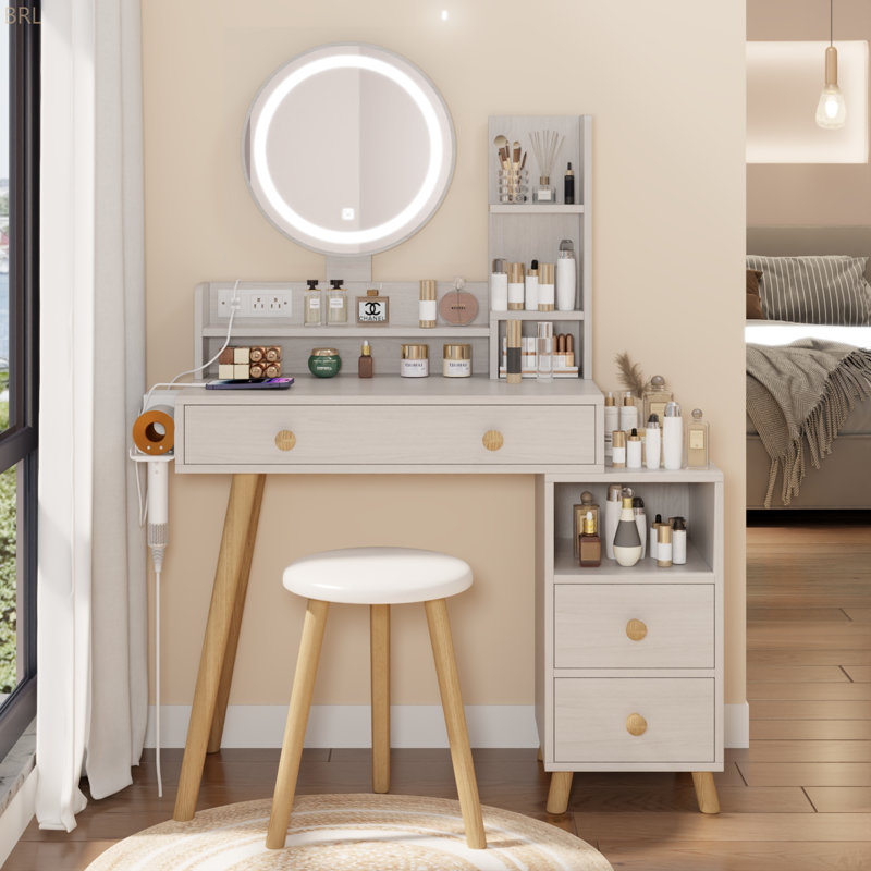 Table de chevet ronde avec miroir + tabouret rembourré avec 2 prises de courant et 2 prises USB, miroir DEL de 17 po de diamètre, commande tactile, 3 couleurs, luminosité réglable, grand bureau, rangement multicouche