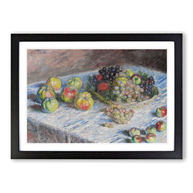 Apples and Grapes Vol.1 by Claude Monet - Picture Frame Painting, 48cm H x 65cm W x 2cm D, Black Framed