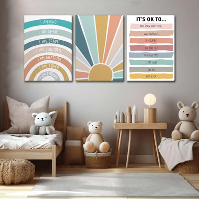 3 Pcs Nursery Boho Affirmations Canvas Wall Art Kids Lnspirational I Am Kind Smart Brave Rainbow Painting Picture Wall Decor Mental Health Posters Prints For Toddler Kids Room Classroom