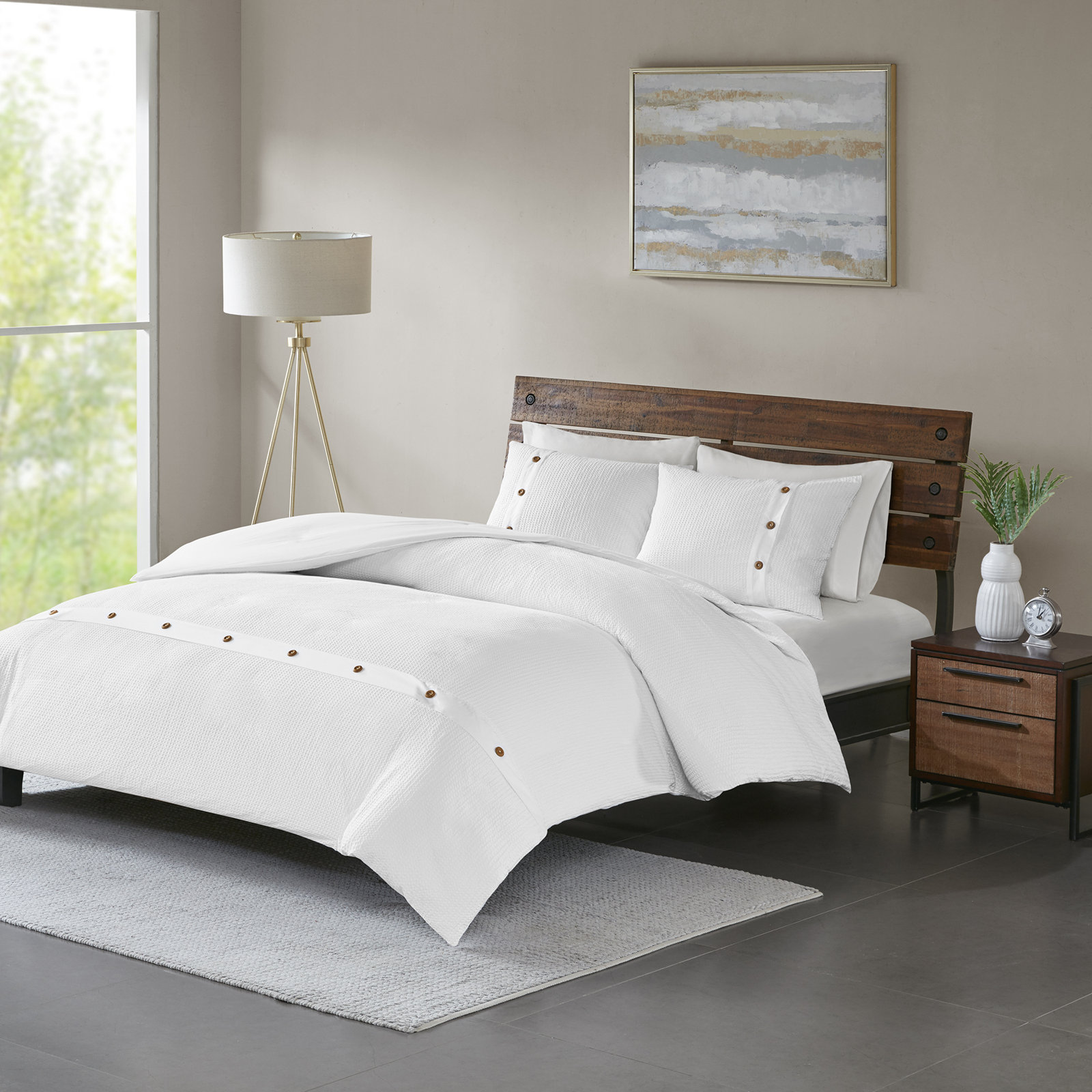 Marcus Waffle Cotton Duvet Cover Set, White, King/Cal. King Duvet Cover + 2 King Shams