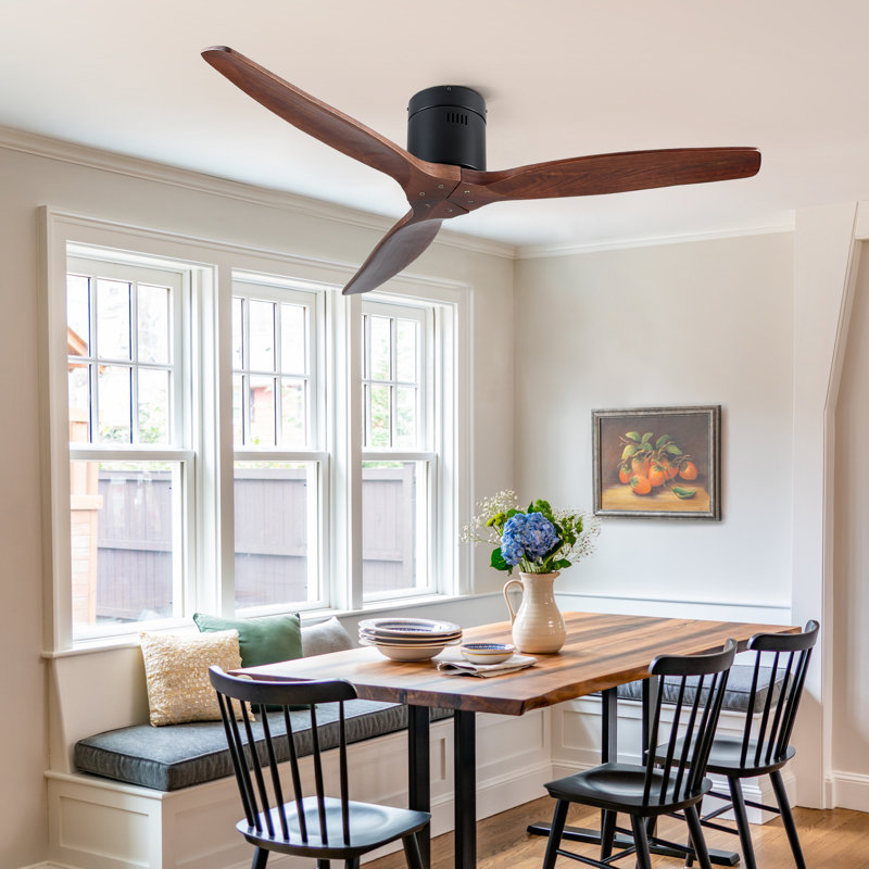 52" 3-Blades Flush Mount Wood Ceiling Fan without Light, Black, Walnut