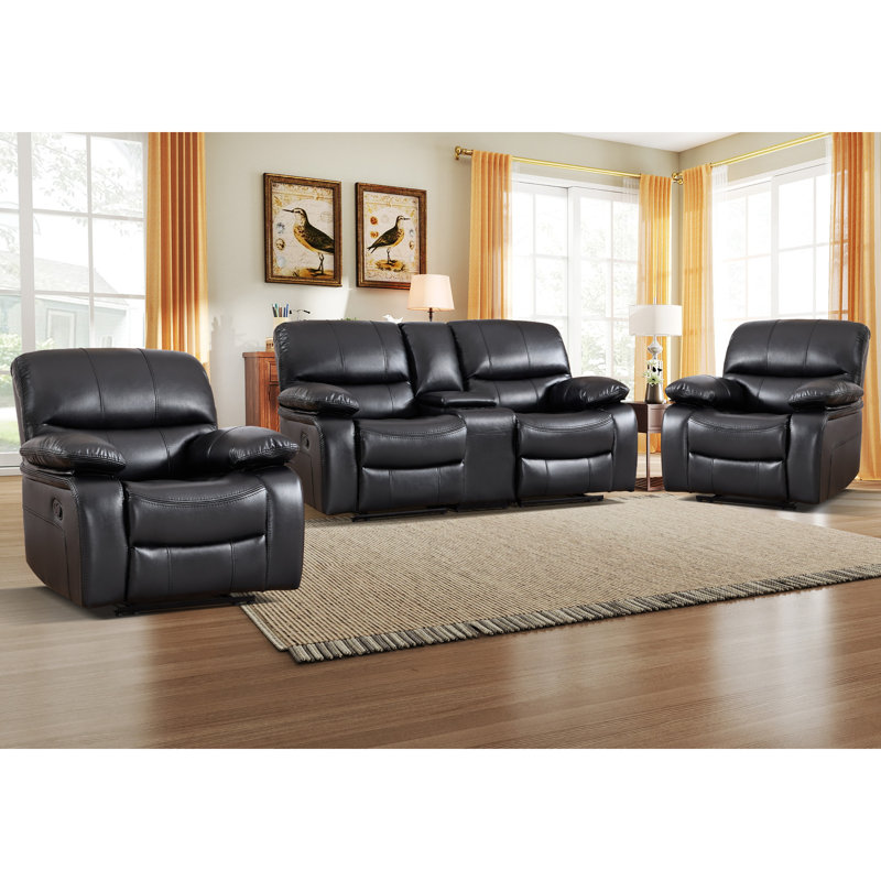 3 - Piece Modern Faux Leather Manual Reclining Living Room Set With Storage Console & Cup Holders, Black