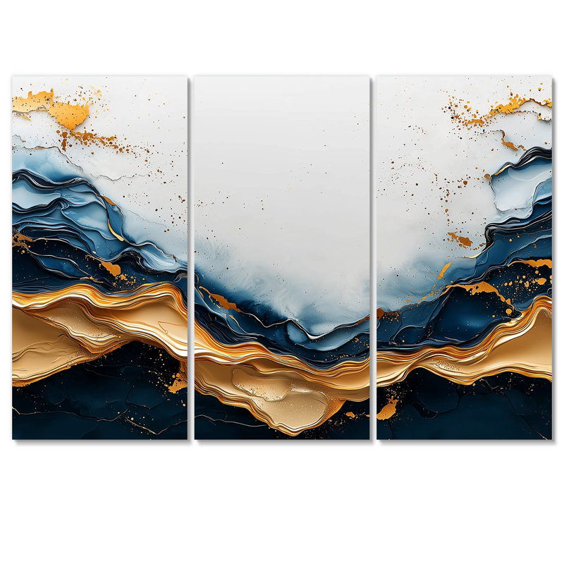 Golden Silence of Minimal Marble River IV - Art mural grand minimalisme - 3 panneaux, H 32 po x l 48 po, Toile tendue