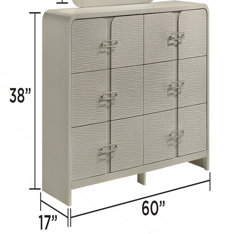 Commode moderne à 6 tiroirs avec façade texturée, poignées en métal et système de roulement à billes (inclut seulement la commode)