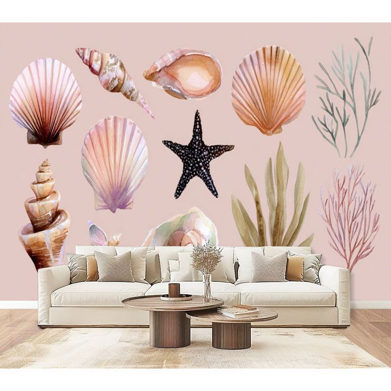 Papier peint à peler et coller Ocean Coastal Shell Coral Conch Branches de corail Étoiles de mer Coquillages muraux H 100 po x l 144 po Papier mural amovible en PVC auto-adhésif pour le salon de la chambre Bureau à domicile