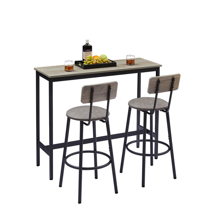Ensemble de table de bar 3 pièces Minimalist Industrial avec 2 tabourets de dossier, gris rustique et noir, Gris