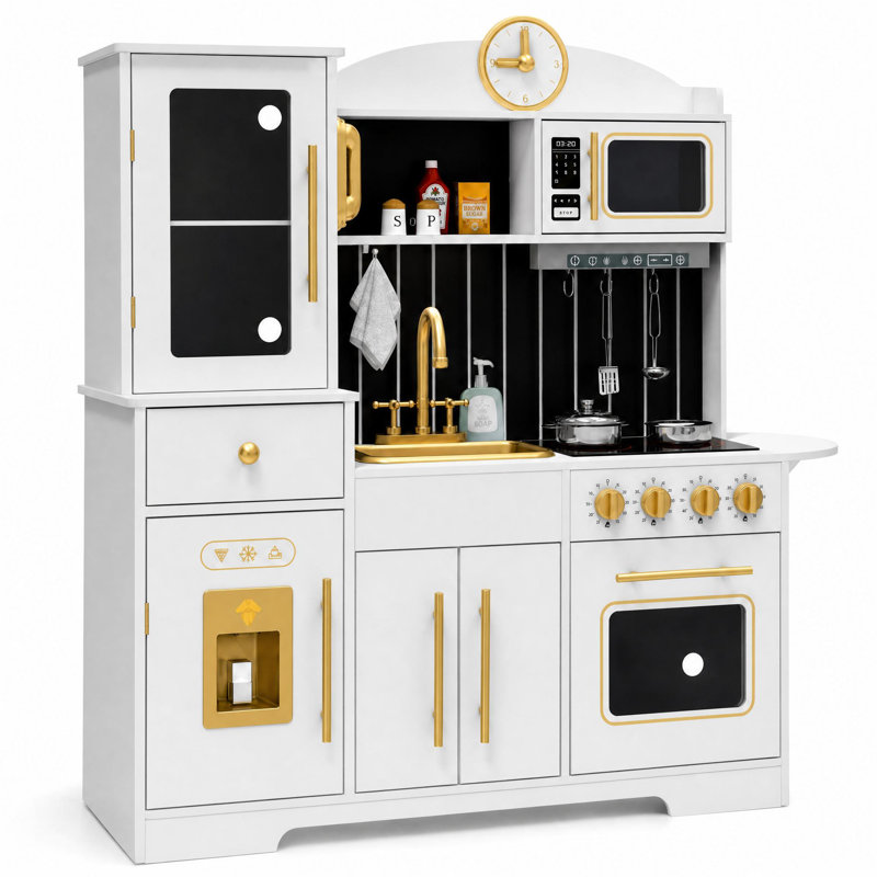 Wooden Play Kitchen with Coffee Maker & Utensils, White, 91cm H