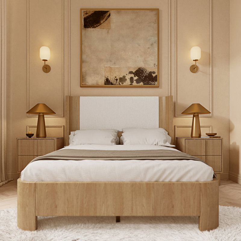 Full Size Bed Frame With Smart Led Lights, Upholstered Platform Bed With Tufted Wingback Headboard, No Box Spring Needed, Easy Assembly, Pu Leather, Natural Oak