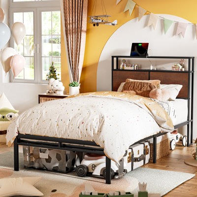 Antioch Bed with LED Light and Charging Station, Storage Headboard, No Box Spring Needed
