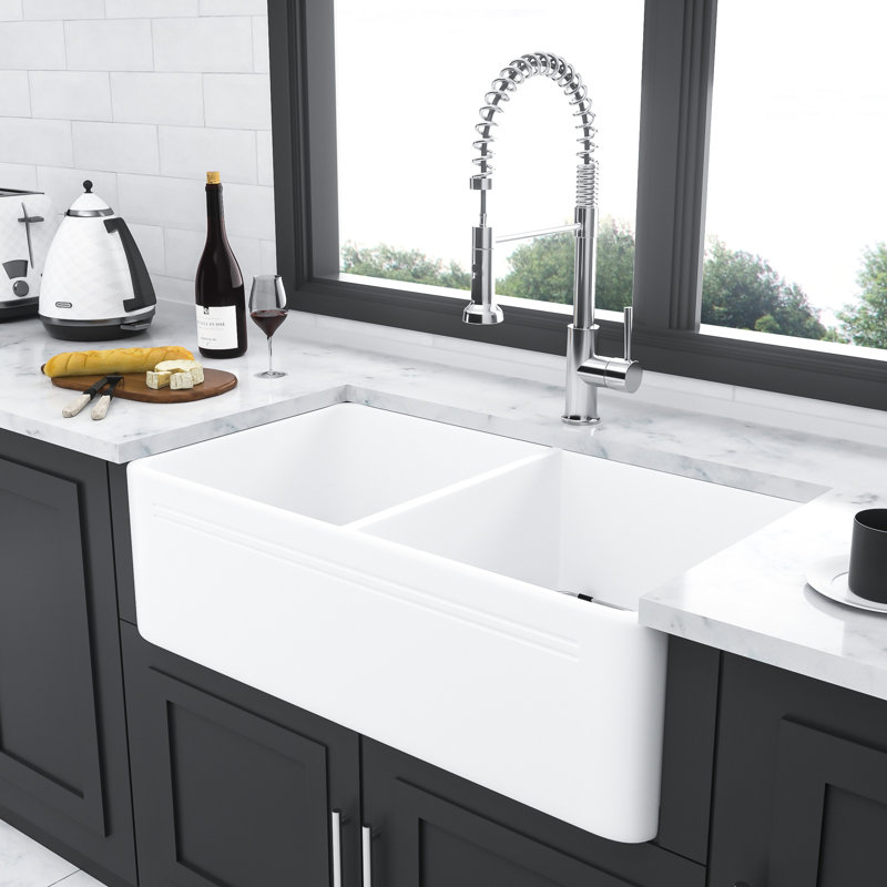 Évier de cuisine en céramique blanche 33 po - double cuve 50/50 durable, résistante à la chaleur, conservant la couleur des égratignures, élégante et décolorante