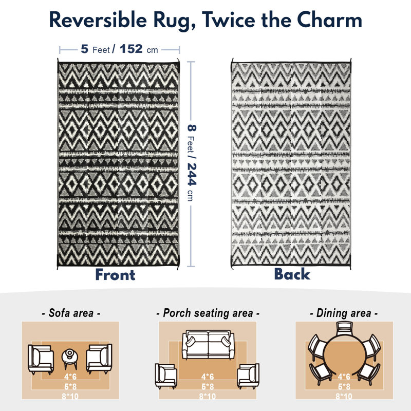 Southwestern Black/White Indoor/Outdoor Area Rug, Rectangle 5' x 8'