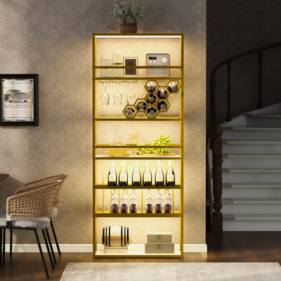Étagère à vin à DEL avec plancher autoportant à 7 niveaux avec support pour verre et rangement pour le vin, armoire à vin avec étagère à vin industrielle