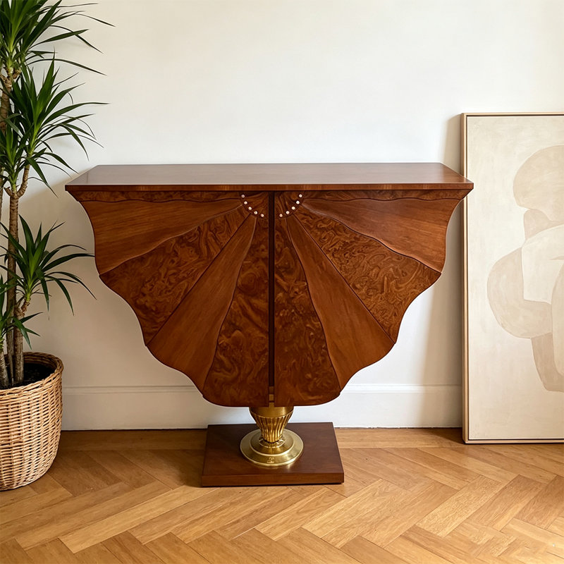 Table de console en bois massif et composite brun et doré