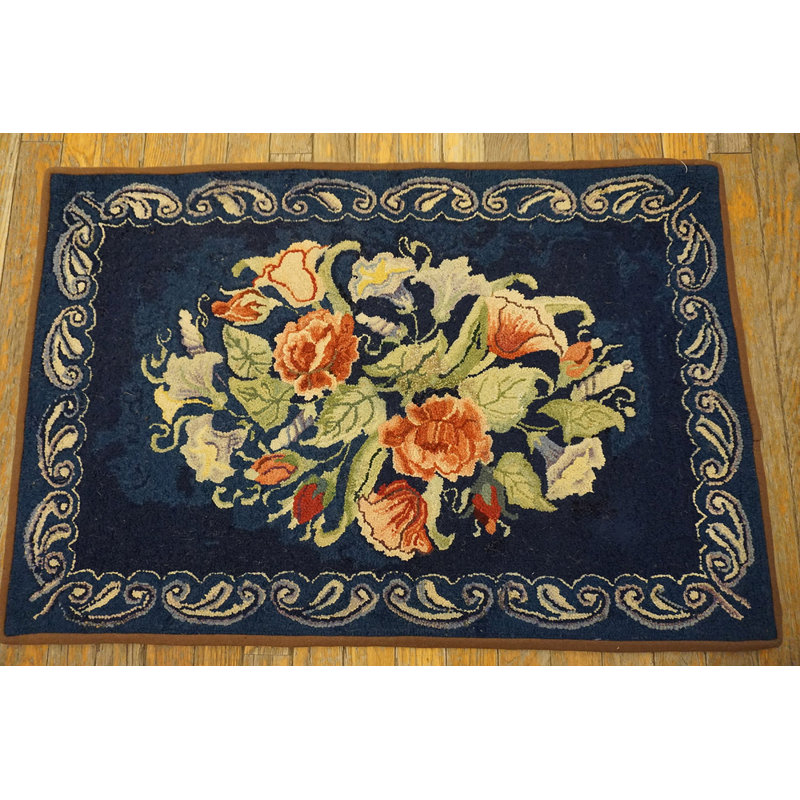 Antique American Wool Pile Blue Color European Floral Design Hooked Throw Rug