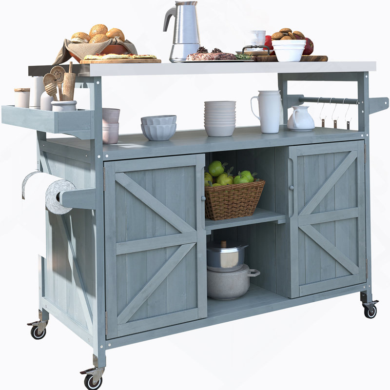 Outdoor Kitchen Island, Rolling Bar Cart & Storage Cabinet, Farmhouse Solid Wood Outdoor Grill Table With Stainless Steel Top, Spice Rack , Towel Rack For Kitchen & BBQ , Grey Blue