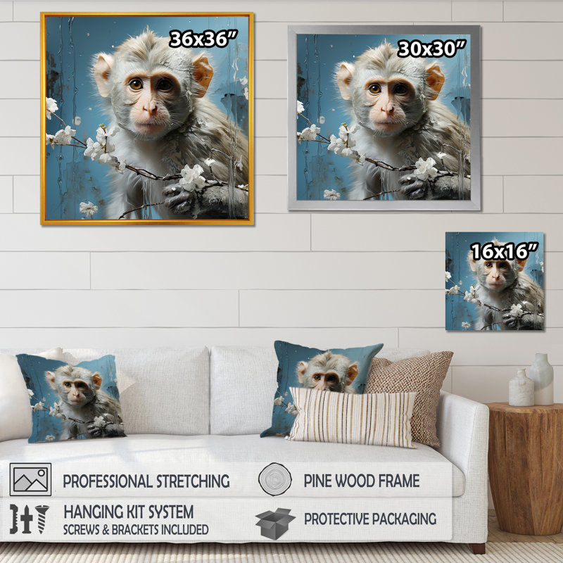 «White», singe polaire, voyage II - art mural singe, H 16 po x l 16 po x P 1 po, Cadre simple argenté