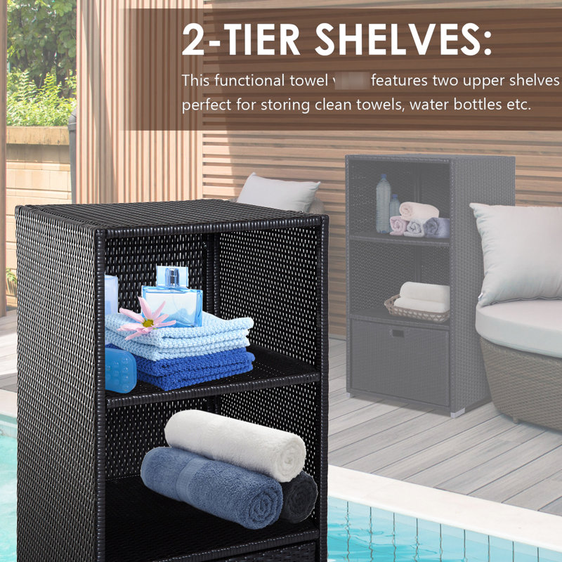 Spa Storage Rack With Basket, Shelf, And Drawer - Waterproof 2 Shelves, For Indoor Outdoor Use, Brown Poolside Organizer Basket , Hot Tub, Dark