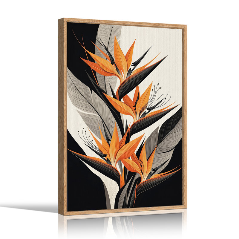 Tableau sur toile représentant des fleurs d'oiseau de paradis orange à feuilles noires, 48"H x 36"W